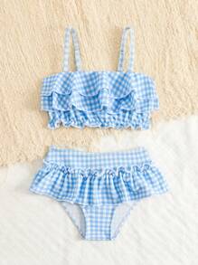 SHEIN 年轻女孩格纹荷叶边泳衣套装