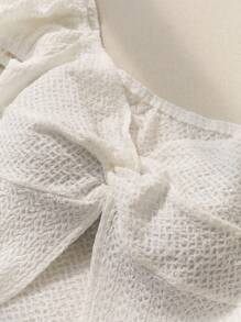 SHEIN Unity White Textured Fabric Sexy Ruched Front Slit Twist Cute Sweet Cropped Top T-Shirt - White - View 6