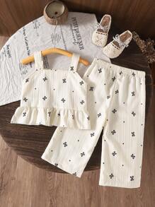 Souflis Souflis Baby Girl Summer Spaghetti Strap Ruffled Bow Polka Dot Print Top And Pants Set