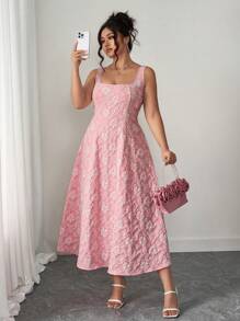 SHEIN LUNE 浪漫长裙，优雅大码女式新款宽肩带做旧纹理花卉编织面料修身中长连衣裙，青春百搭，修身 - 粉色 - 查看 1