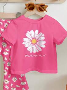 SHEIN Leap Crew 女宝宝休闲简约短袖圆领长裤套装，适合春夏季 - 彩色 - 查看 3