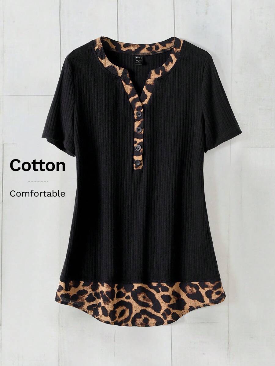 Rusticease Camiseta casual de manga corta con estampado de splicing de leopardo y negro para mujer, para primavera/verano - Multicolor - Ver 1
