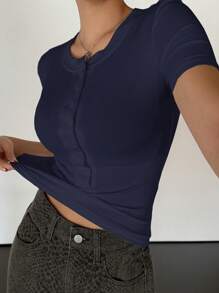 DAZY Women's Summer Round Neck Partial Open Placket Sexy Slim Casual Solid Base Short Sleeve T-Shirt - Navy Blue - View 3