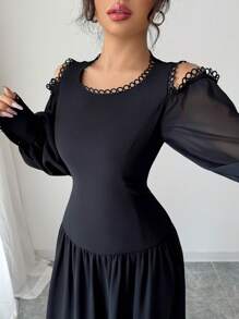 Modelyn Vestido longo com ombros abertos, de manga longa, estilo sofisticado, gola redonda, cor sólida, para mulheres - Preto - Visão 5