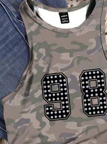 Attitoon 休闲简约街头风格复古橄榄绿迷彩图案仿铆钉数字 98 图形圆领紧身女式吊带背心，适合夏季、复古、休闲度假、性感、可爱、Y2K、椰子女孩、波西米亚风、音乐节 - 彩色 - 查看 4