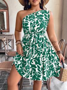 SHEIN Clasi Plus Size Women Plant Print One Shoulder Self-Tie Belt Casual Dress - Green - View 3