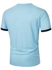 Manfinity Homme Men's Summer Casual Colorblock Notch Neck Short Sleeve T-Shirt - Baby Blue - View 2
