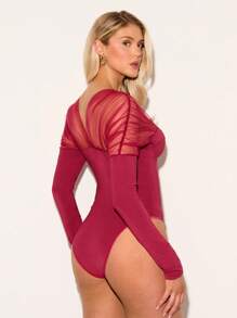 Glamine Women's Sexy See-Through Mesh Patchwork Bodysuit Fall Cloth For Women - Burgundy - View 2