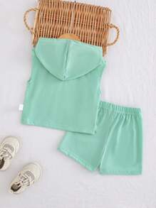 SHEIN Playful Pals Unisex Newborn-1 Year Old Baby "Daddy's Mini" Apricot Sleeveless Hooded Top And Shorts Set, Suitable For All Occasions In Summer - Green - View 2