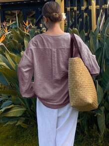 Livesso 女士纯色宽松长袖圆领休闲度假夏季衬衫 - 紫色 - 查看 2