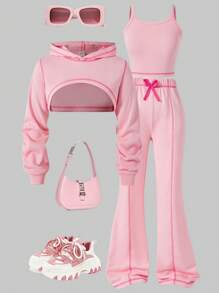 SHEIN Sparklyn Tween Girls 3 件套休闲套装 - 对比色针脚短款连帽衫、细肩带和喇叭裤 - 粉色 - 查看 9