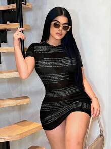 SHEIN SXY Đầm midi bodycon cổ tròn in chữ cho nữ, tay ngắn, gợi cảm cho mùa hè - màu đen - Xem 4