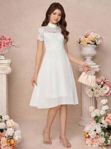 SHEIN Pitira Vestido de encaje blanco semitransparente y parches de gasa hasta la mitad de la pierna para niñas adolescentes, apropiado para ocasiones como fiestas, elegante, bodas, regreso a clases, graduación