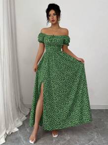 Rafferiza 女士度假浪漫优雅碎花褶皱泡泡袖收腰 A 字休闲节日情人节场合蝴蝶结后背吊带连衣裙，多种穿着风格，春夏新品毕业春季连衣裙海滩女士服装太阳开衩长款连衣裙 - 墨綠色 - 查看 4