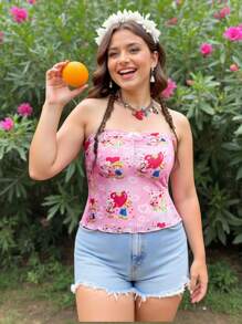 Strawberry Shortcake X SHEIN Áo thun mùa hè màu hồng họa tiết trái tim in hoa Y2k Gyaru cỡ lớn cho nữ - Hồng - Xem 1