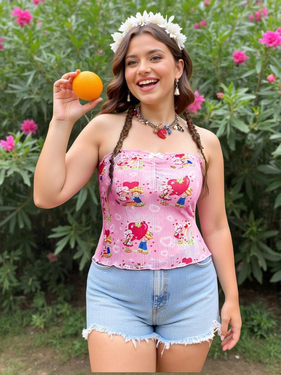 Strawberry Shortcake X SHEIN Áo thun mùa hè màu hồng họa tiết trái tim in hoa Y2k Gyaru cỡ lớn cho nữ - Hồng - Xem 1