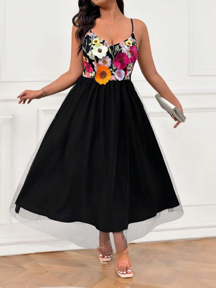 SHEIN Clasi Women's Elegant Black Summer Mesh Splicing Three-Dimensional Embroidered Flower Dress,Formal Evening Wedding Long Graduation Ball Yarn Dress - Black - View 1