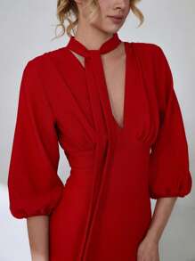 CLARA VERO Women Solid Color Long Sleeve With Shawl Detailed Dress - Red - View 4