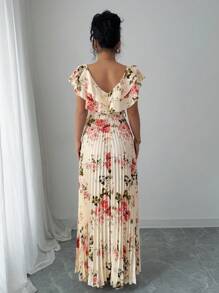 Elenzga V-Ausschnitt Digitaldruck Blumen Urlaubs Volant Taille A-Linie elegantes romantisches Damenkleid