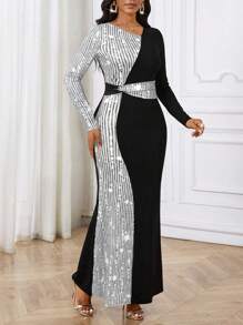 SHEIN Lady Gold Sequin Print Stitching Black Stretch Knitted Trousers Fishtail Skirt Women Long Dresses Dress Party Prom Valentine's Day - Silver - View 5