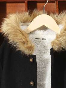 SHEIN Tween Boy Fuzzy Trim Hooded Thermal Lined Overcoat - Black - View 5