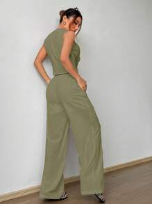 SHEIN EZwear 女式夏季梭织浅军绿色前系带上衣和裤子套装 - 軍綠色 - 查看 3