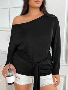 SHEIN EZwear 大码休闲度假宽松系肩卫衣，舒适居家和夏季 - 黑色 - 查看 4