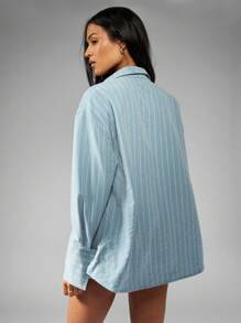 MISSGUIDED 细条纹纽扣衬衫超大长袖领口上衣商务休闲办公室装周末早午餐春夏轻便经典基本款 - 霧霾藍 - 查看 2