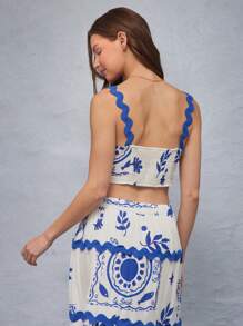 WESTFADE Parte superior corta ajustada de primavera casual y linda con estampado de parches de flores y peces tropicales, cuello cuadrado, tirantes ondulados con puntilla y espalda fruncida, para vacaciones de verano en la playa