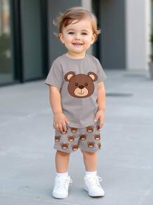 SHEIN 2pcs Baby Boy Casual Minimalist Crew Neck Short Sleeve Top & Shorts Set, Summer - Multicolor - View 1