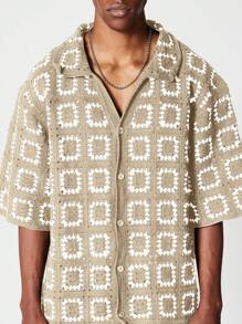 SUMWON Boxy Fit Button Through Crochet Knit Shirt - Multicolor - View 3