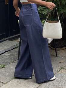 Livesso Quần Jeans Ống Rộng Túi Xiên Màu Trơn Cho Nữ - Màu xanh hải quân - Xem 7