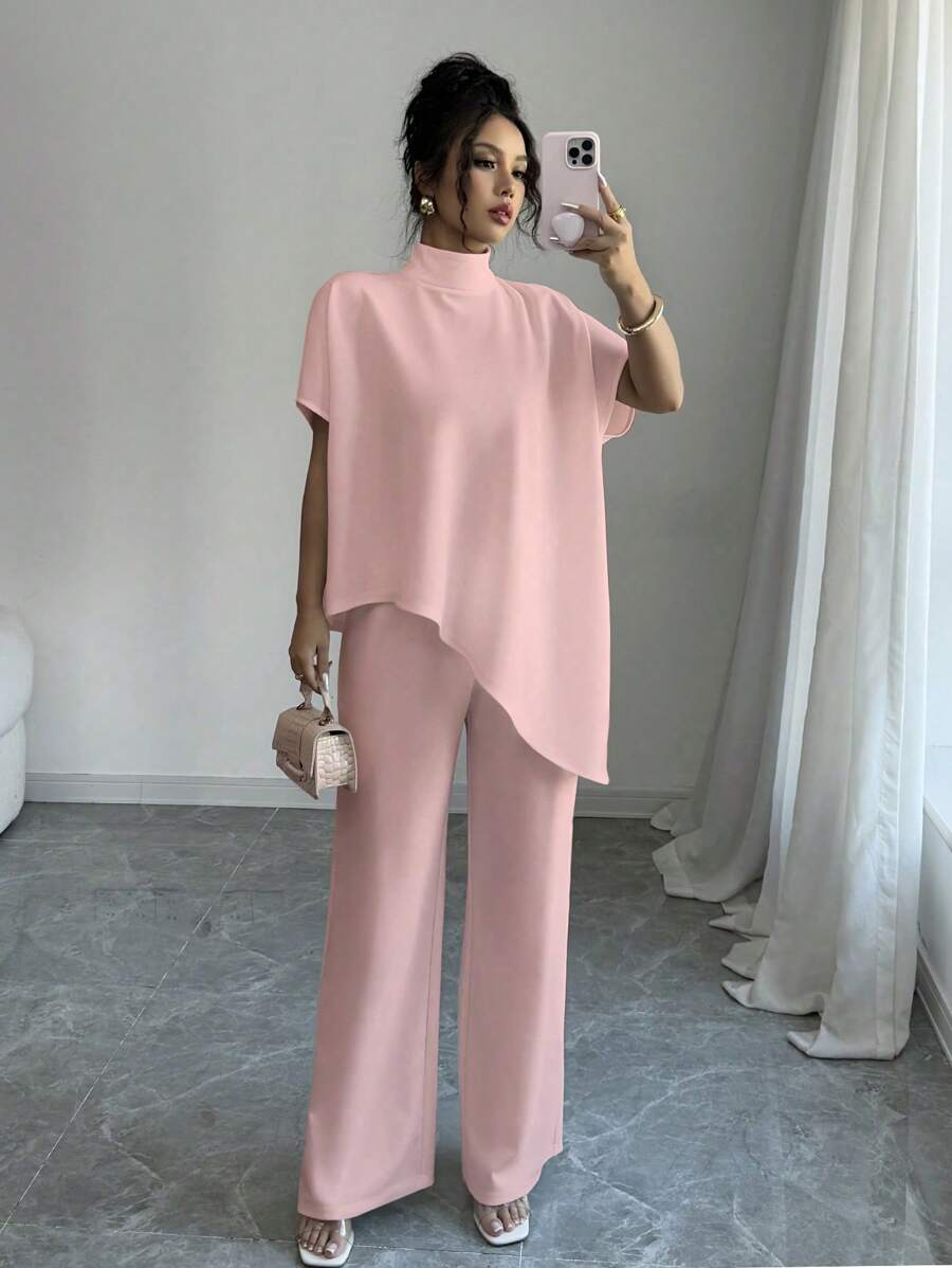 Elenzga 2 件套女式立领不对称上衣和裤子套装 - 粉色 - 查看 1