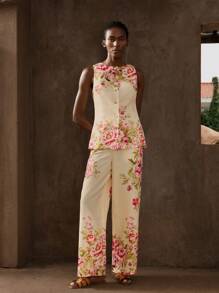 Maija Completo elegante da donna con vestaglia smanicata e pantaloni slim dritti, stampa di peonie, design in vita arricciato, chic per vacanze primavera/estate, feste, vita raccolta