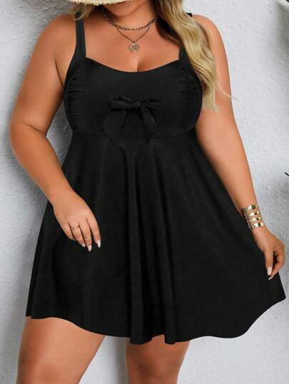 SHEIN CURVE+ Plus Size Women's Black & White Polka Dot Tankini Swimsuit Set With Skirt, Conservative Beach Coverup For Summer Beach Vacation