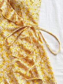 Soleia 女式花卉印花裹身荷叶边下摆无袖迷你连衣裙，适合海滩、乡村、音乐节、夏季服装、休闲、下午茶 - 黃色 - 查看 4