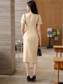 DAZY Women's Plain Round Neck Tie Waist Mid-Length Dress, Elegant Summer - Apricot - View 2