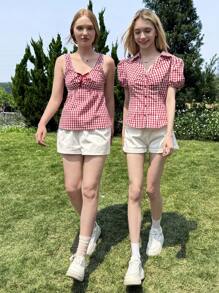 CovetEZ Women's Summer Clothing Holiday Casual Red And White Plaid Short Puff Sleeve Single-Breasted Lapel Waist Casual Shirt - Red - View 5