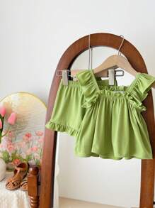 LMoss Kids 女婴可爱休闲绿色花卉荷叶边吊带上衣配松紧腰短裤两件套，夏季 - 綠色 - 查看 2