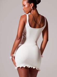 MUSERA Scoop Neck Wide Strap Lettuce Hem Knit Fitted Mini Dress Ibiza Sexy Vacation Holiday Spring Summer Festival Beachwear Romantic Elegant Birthday Wedding Guest Tequila Sunrise, Beach Club Fall Autumn Winter Everyday Party Chic Sweater