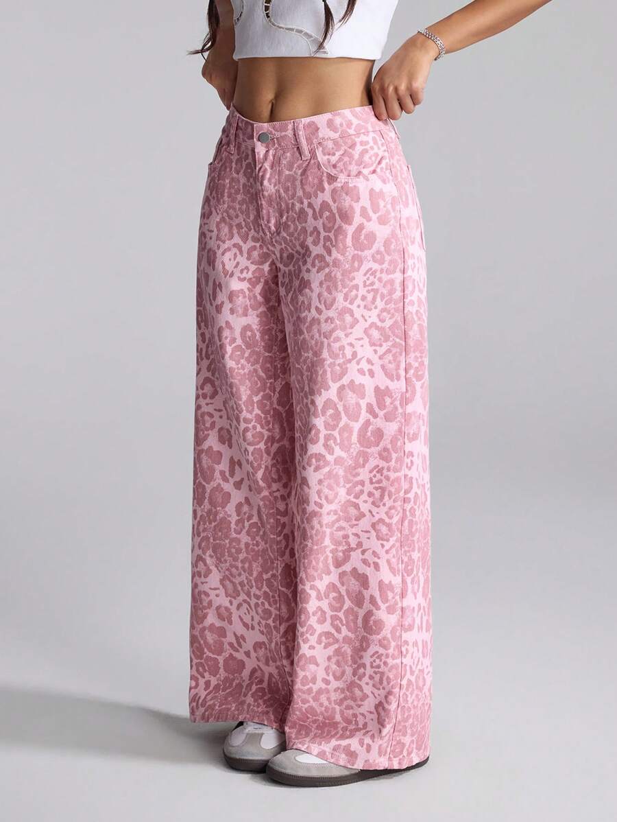 SHEIN PETITE Women's Leopard Print Pocketed Wide Leg Loose Casual Fashion Jeans