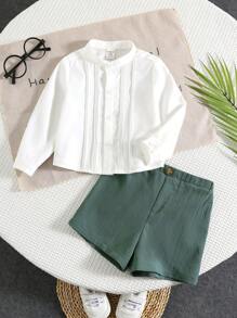 SHEIN 2 Stücke/Set Baby Jungen lässiges, vielseitiges weißes Langarm-Hemd und Shorts Set, atmungsaktiv, geeignet für drinnen, Outdoor, alltäglich, Sport, Spiel, Party, Foto, Urlaub, Frühling/Sommer