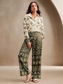 Anewsta Damen Frühling-/Sommer-Zweiteiler mit Diamantgittermuster, hochwertige Mode-Bedrucktes Top und Hose, Lässig, Festival, Urlaub, Feiertag