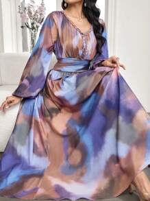 Modelyn 女士 V 领优雅浪漫收腰 A 字型扎染中长连衣裙 - 彩色 - 查看 1