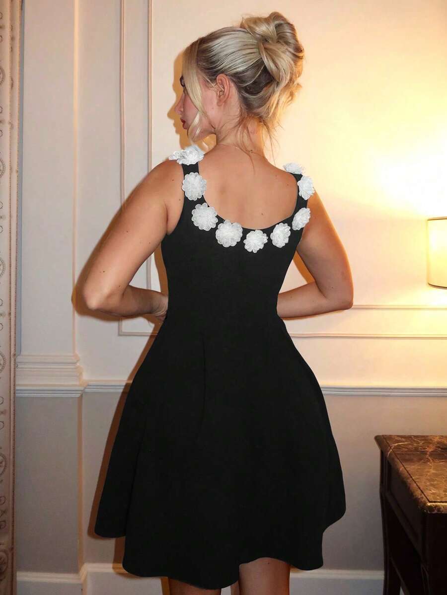 Glamine Women's Elegant Off Shoulder Mini Dress, Ladies High Class Dress, Floral Beach Holiday Outfit - Black - View 1