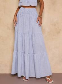 SHEIN BAE Women's Casual Blue Striped Maxi Skirt: Woven Fabric, Tiered Layers, And Elastic Waist For A Comfortable And Stylish Look - Beige - View 5