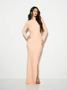 KIZN Robe de soirée longue dos nu à manches longues texturée, robe maxi de soirée glamour à col montant, fente latérale, moulante au sol, pour occasion spéciale, invitée de mariage - Orange - Voir 5