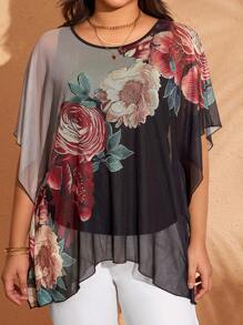 EMERY ROSE Maglietta casual larga con maniche a pipistrello e stampa floreale, taglie forti per donna