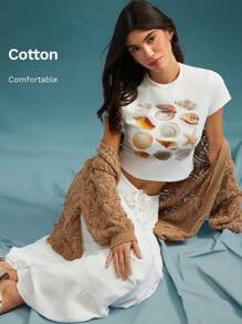 WESTFADE Summer Seashell Patterned Printed Crewneck Relaxed Shrunken Short Sleeve T-Shirt Spring Break Beach Vacation