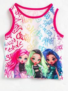 SHEIN Young Girl Solid Color Hollow Out Short Sleeve Top, Cartoon Printed Tank Top And Pants, Casual 2 Pieces Outfit - Multicolor - View 5